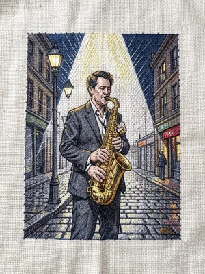 A musician playing saxophone on a street corner at night, spotlight in radial st