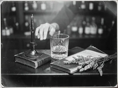 Three fingers of Irish whiskey in a cut crystal tumbler on a bar counter beside 