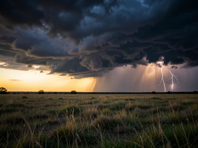 Dramatic thunderstorm clouds rolling over a flat prairie at dusk