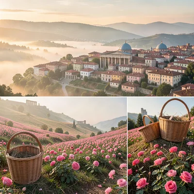 Historical layers visible simultaneously in Plovdiv, Bulgaria, rose harvest bask
