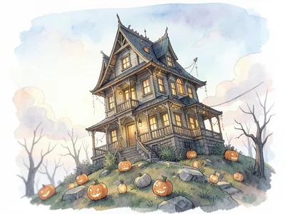 Haunted mansion on hill, tilt-shift making it look like Halloween decoration