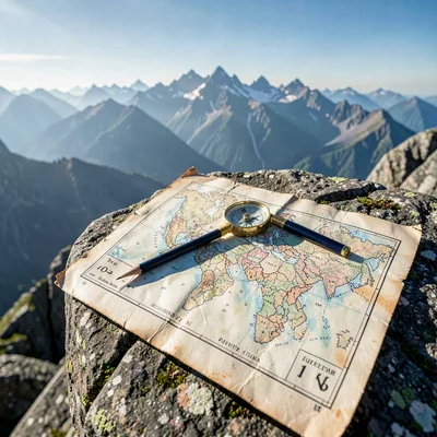 Crystal clear high-altitude light, sharp mountain air quality, A hand-drawn map 