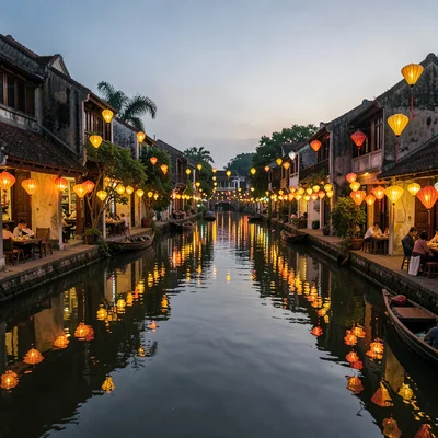 Hoi An lantern glow, silk amber on water, flower paper lanterns floating down ri