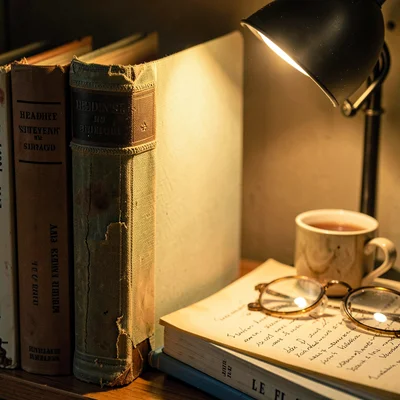 Worn hardback cloth cover with embossed detail in lamp light