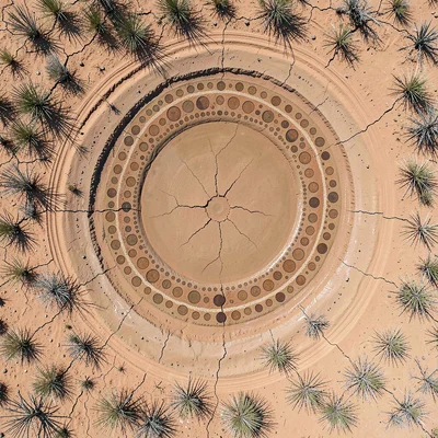 Dry desert waterhole from directly above — concentric rings of cracked mud and s