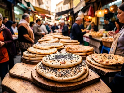 A bread market in Morocco, round flatbreads stacked on wooden boards, sesame and