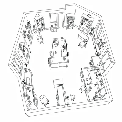 Schematic blueprint of a multi-room workshop interior layout from above