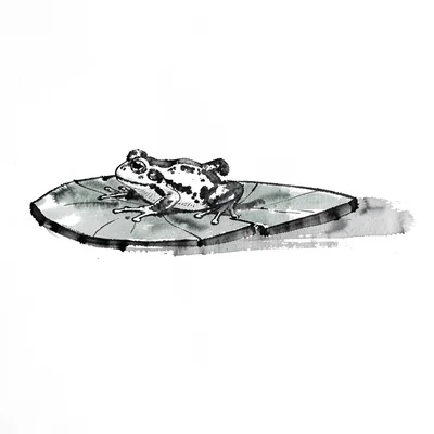 Frog on a lily pad, the water implied by a single horizontal wash stroke