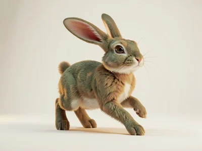 Long-eared hare companion mid-step walking forward with one paw lifted, soft fur
