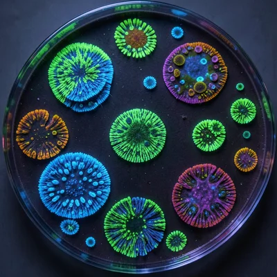Fluorescent Pseudomonas under UV light, colonies glowing green-blue on dark agar