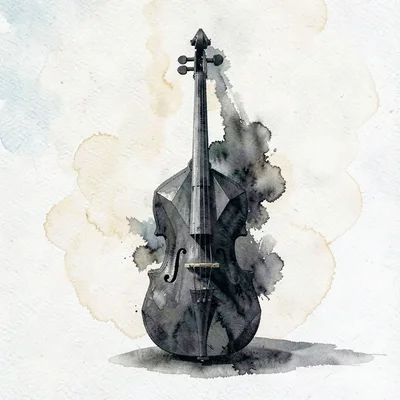Hollow obsidian lowpoly cello standing upright with a faceted dark body and slim