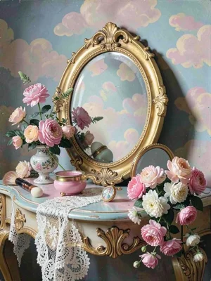 Vanity table arrangement — powder brush, rouge pot, small mirror, and cameo broo