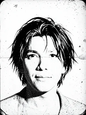 Hair photocopied at extreme contrast, individual strands becoming bold calligrap