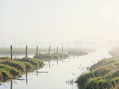 Spring flood across pasture, fence posts standing in shallow water, the further
