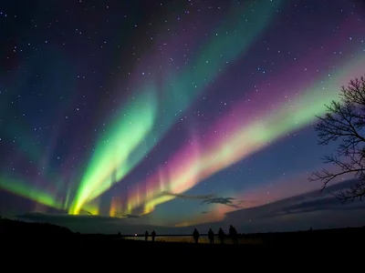 Northern lights spanning complete horizon, all colors present, tiny witness figu