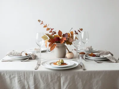 Elegant thanksgiving table setting with white plates, linen napkins, autumn cent