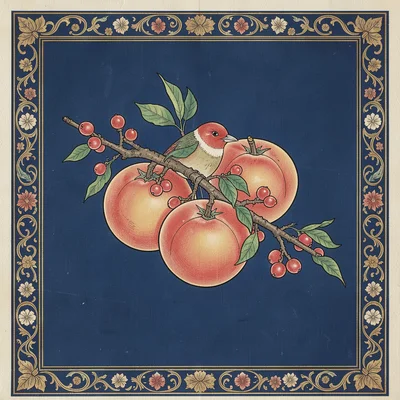 Bat and peach cluster — symbols of fortune — on a deep blue ground
