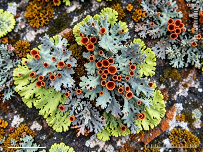 Lichen apothecia fruiting bodies, tiny cup-shaped reproductive structures in ora
