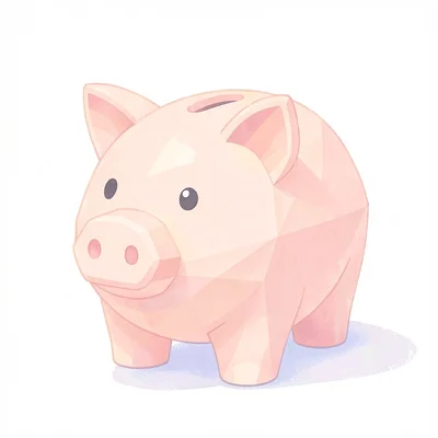 Plump peach lowpoly piggy bank with a faceted snout and tiny coin slot, soft thr