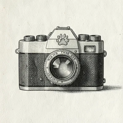 Pen-and-ink illustration of a vintage SLR with a paw print on the lens cap, fine