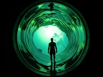 Surfer silhouette inside tube from outside — dark figure small against the green