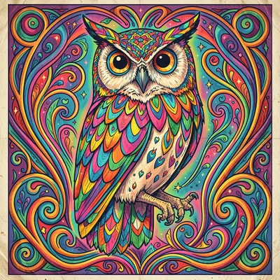 Psychedelic poster illustration, an owl with kaleidoscope feather patterns , vib