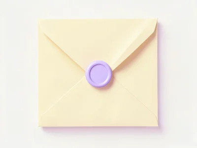 Sealed butter-yellow lowpoly envelope with a tiny lavender wax disc, paper-folde