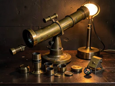 Telescope Accessories Laid Out Dark Wood Amber Light