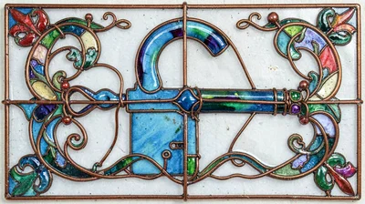 Cloisonné enamel illustration, key and lock , copper wire outlines, glass enamel