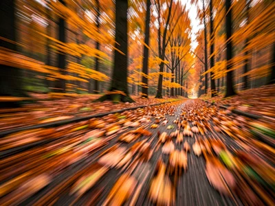 Wind-blown autumn leaves creating horizontal amber streaks across a forest path