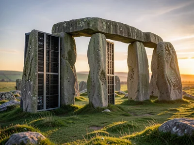Stonehenge but stones are massive computer server racks, dawn light