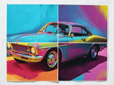 Process color separation of a classic car, each layer printed on a different fou