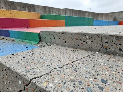 Concrete public plaza with rainbow-painted steps, geometric architecture