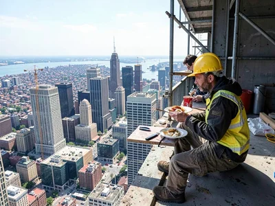 A construction worker eating lunch alone on an I-beam twenty stories up, city sp