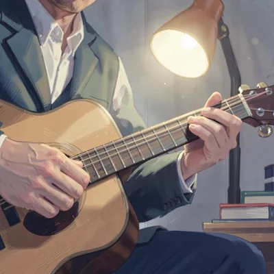 Lamp-lit portrait of a teacher's pick hand mid-strum with motion blur