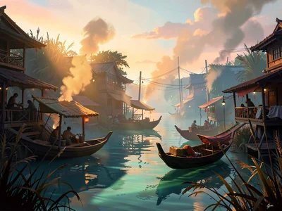 Floating river market at dawn with shafts cutting through reed smoke, warm amber