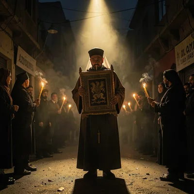 Dramatic light through darkness in Addis Ababa, Ethiopia, Deacon carrying tabot,