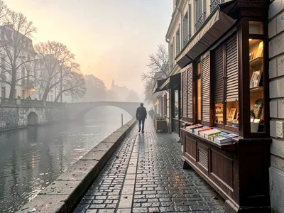 Book stall shutters closed in morning mist