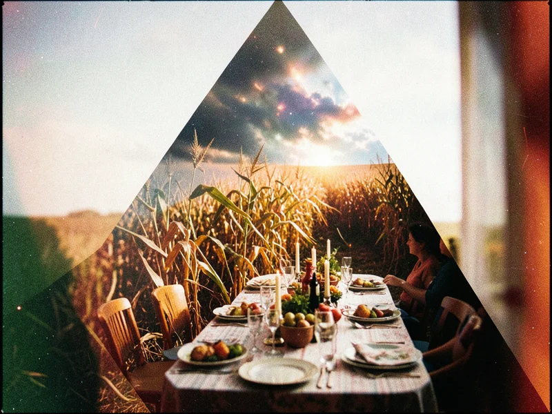 Harvest field merged with thanksgiving table setting, layered exposure