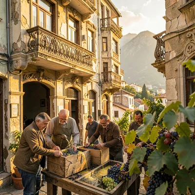 Crumbling Art Nouveau balconies in golden Tbilisi light, grape pressing using tr