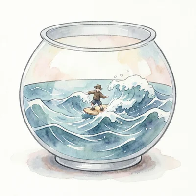 Small ocean with waves inside a fishbowl, tiny surfer riding waves