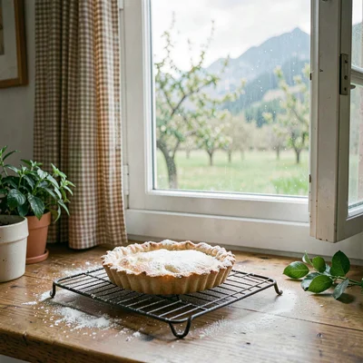 Fresh Alpine atmosphere, gentle pastoral quality, Apple tart cooling on wire rac