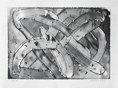 A chemigram made with thick paint resist — brushstroke boundaries in silver gela