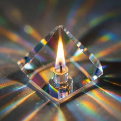 Candle flame through crystal glass creating warm spectral patterns