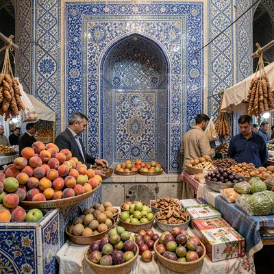Samarkand blue majolica against Central Asian terracotta, dried fruit stall with
