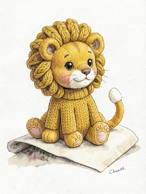 Cheerful mustard knit lion cub with a chunky-knit mane and tiny felted paws, sit