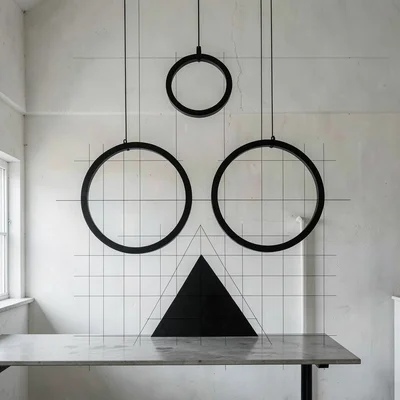 Gymnasium rings hanging from ceiling — two circles suspended in geometric balanc