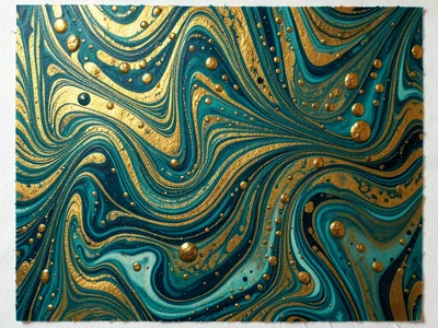Fantasy marble with metallic gold and deep teal, combed into flowing organic wav