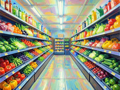 Supermarket produce aisle in impressionist brushwork, color abundance, fluoresce