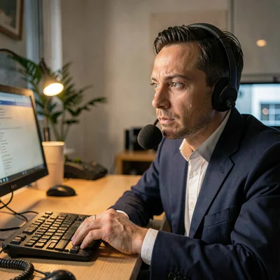 Lamplit candid of a hotline operator listening intently, warm key-light from one